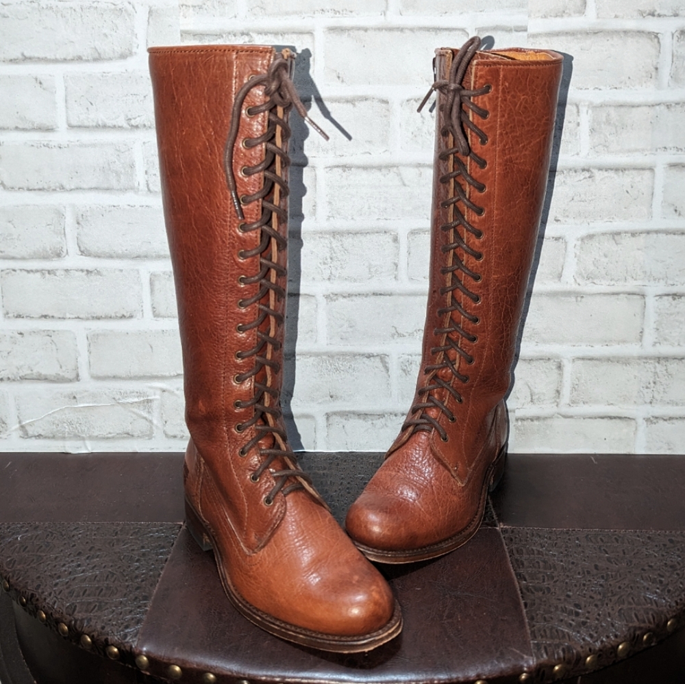 Vntg Frye Vienna Tall Brown Genuine Leather Lace Up Knee High Vintage Zip Boots - Picture 2 of 15
